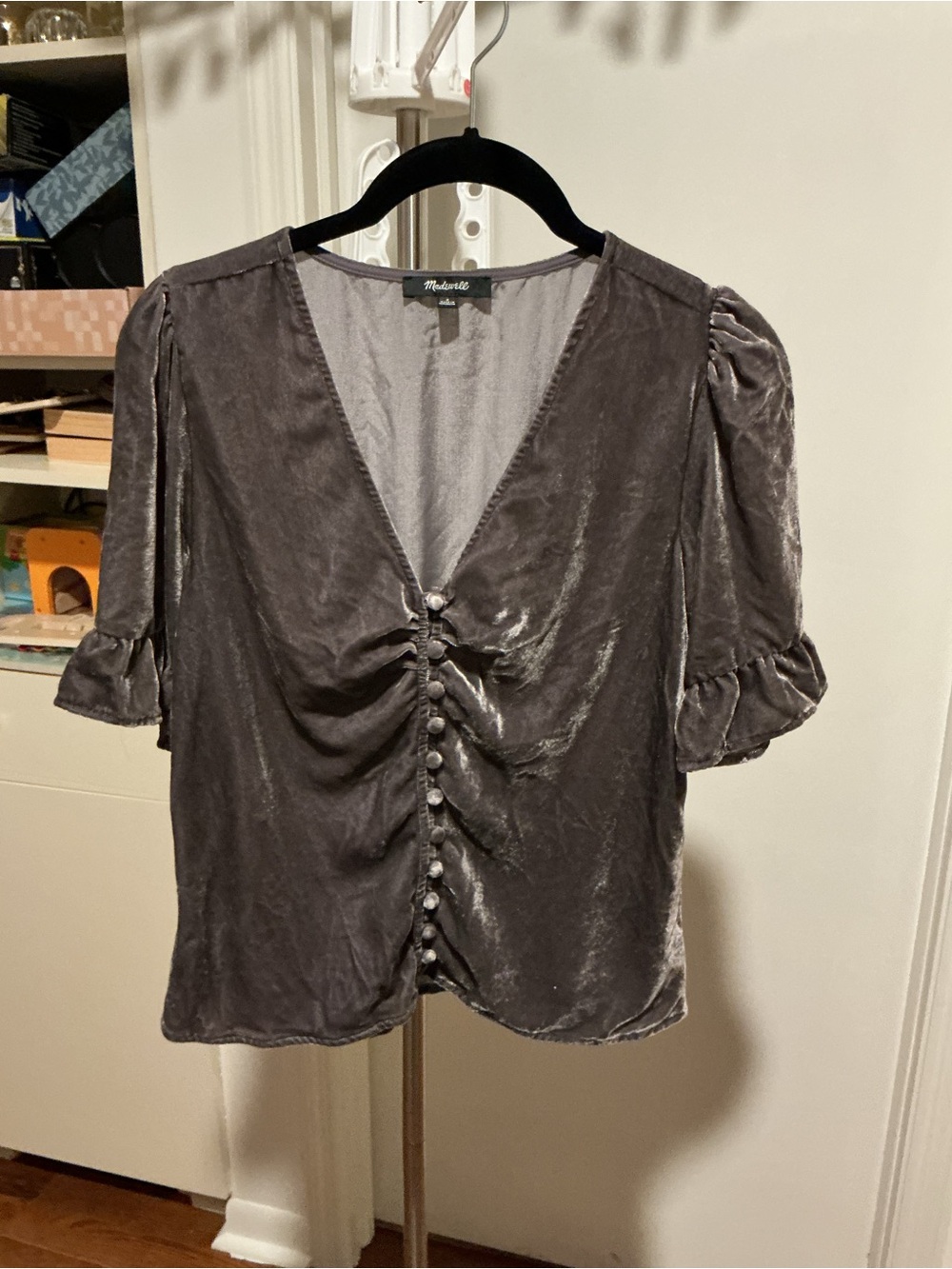 Madewell Silver-Gray Velvet Button-Front Puff Sleeve Blouse
